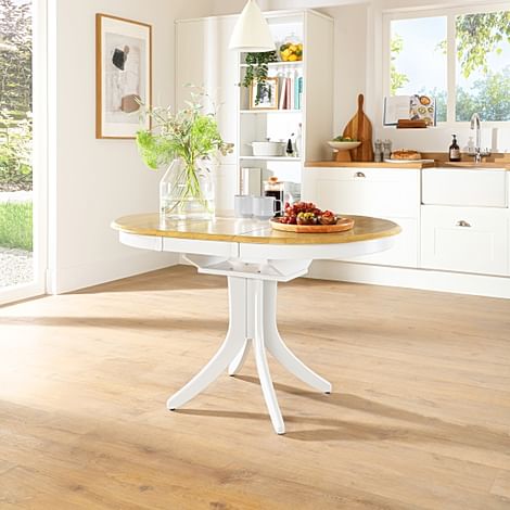 Hudson Round Extending Dining Table, 90-120cm, Natural Oak Finish & White Solid Hardwood