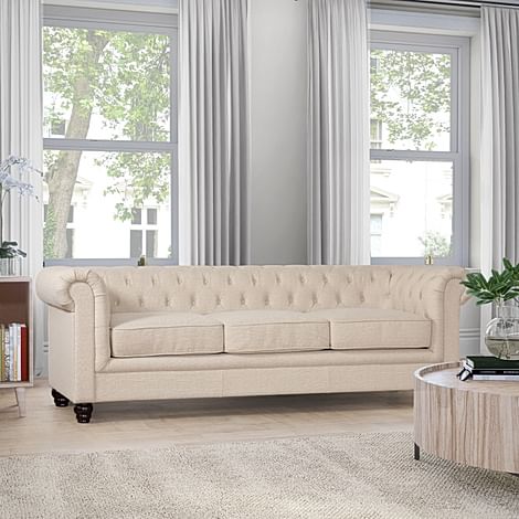 Hampton 3 Seater Chesterfield Sofa, Oatmeal Classic Linen-Weave Fabric