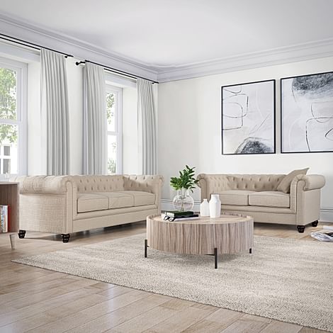 Hampton 3+2 Seater Chesterfield Sofa Set, Oatmeal Classic Linen-Weave Fabric