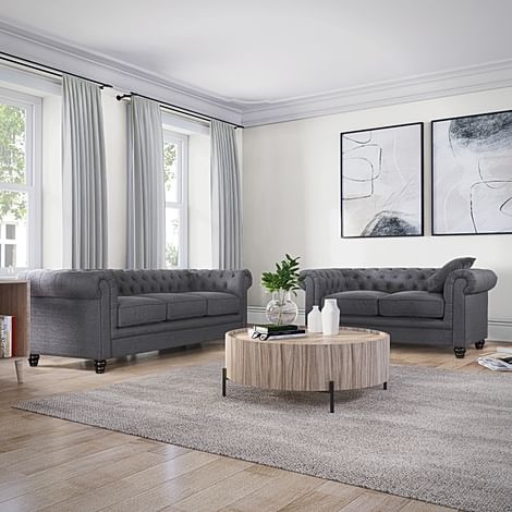 Hampton 3+2 Seater Chesterfield Sofa Set, Slate Grey Classic Linen-Weave Fabric