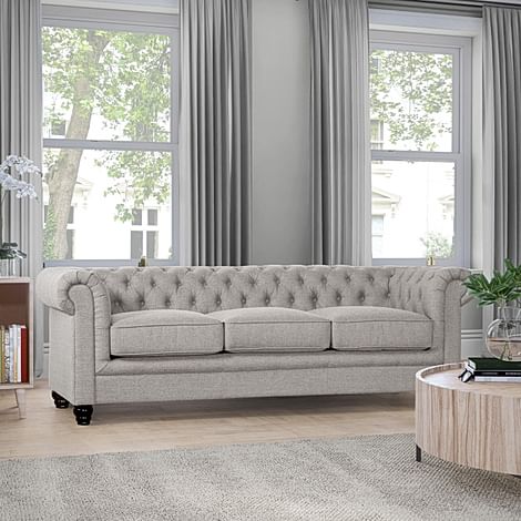 Hampton 3 Seater Chesterfield Sofa, Light Grey Classic Linen-Weave Fabric