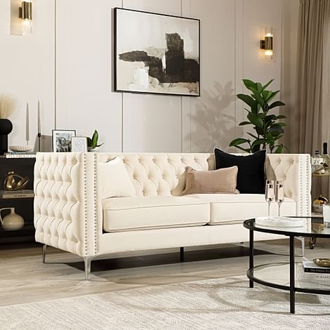 Albion 3 Seater Chesterfield Sofa, Ivory Classic Plush Fabric