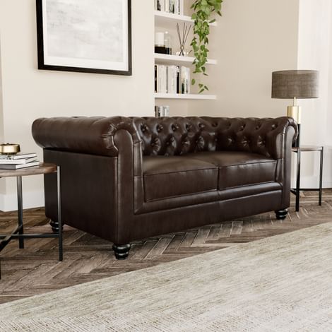 Hampton 2 Seater Chesterfield Sofa, Antique Chestnut Classic Faux Leather