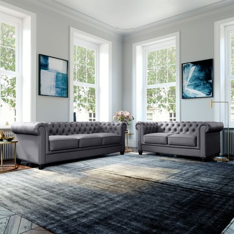 Hampton 3+2 Seater Chesterfield Sofa Set, Grey Classic Faux Leather