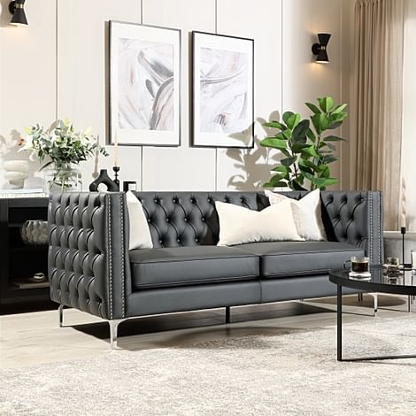 Albion 3 Seater Chesterfield Sofa, Grey Premium Faux Leather