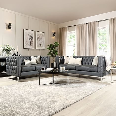 Albion 3+2 Seater Chesterfield Sofa Set, Grey Premium Faux Leather