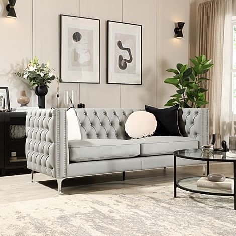 Albion 3 Seater Chesterfield Sofa, Light Grey Premium Faux Leather