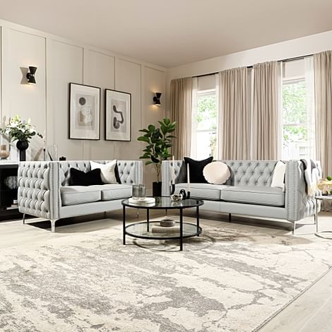 Albion 3+2 Seater Chesterfield Sofa Set, Light Grey Premium Faux Leather