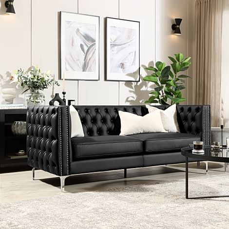 Albion 3 Seater Chesterfield Sofa, Black Premium Faux Leather