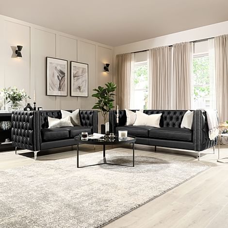 Albion 3+2 Seater Chesterfield Sofa Set, Black Premium Faux Leather