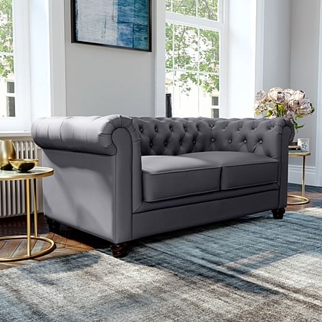 Hampton 2 Seater Chesterfield Sofa, Grey Premium Faux Leather