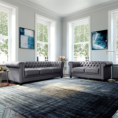 Hampton 3+2 Seater Chesterfield Sofa Set, Grey Premium Faux Leather