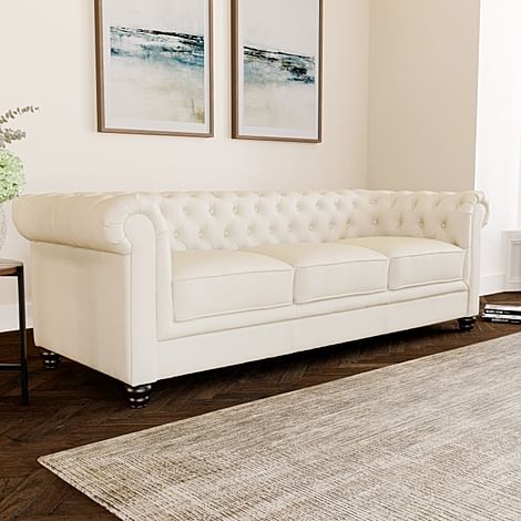 Hampton 3 Seater Chesterfield Sofa, Ivory Premium Faux Leather