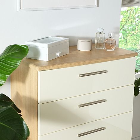 Knightsbridge Cream High Gloss and Oak Deep 4 Drawer Chest Of Drawers |  Furniture And Choice