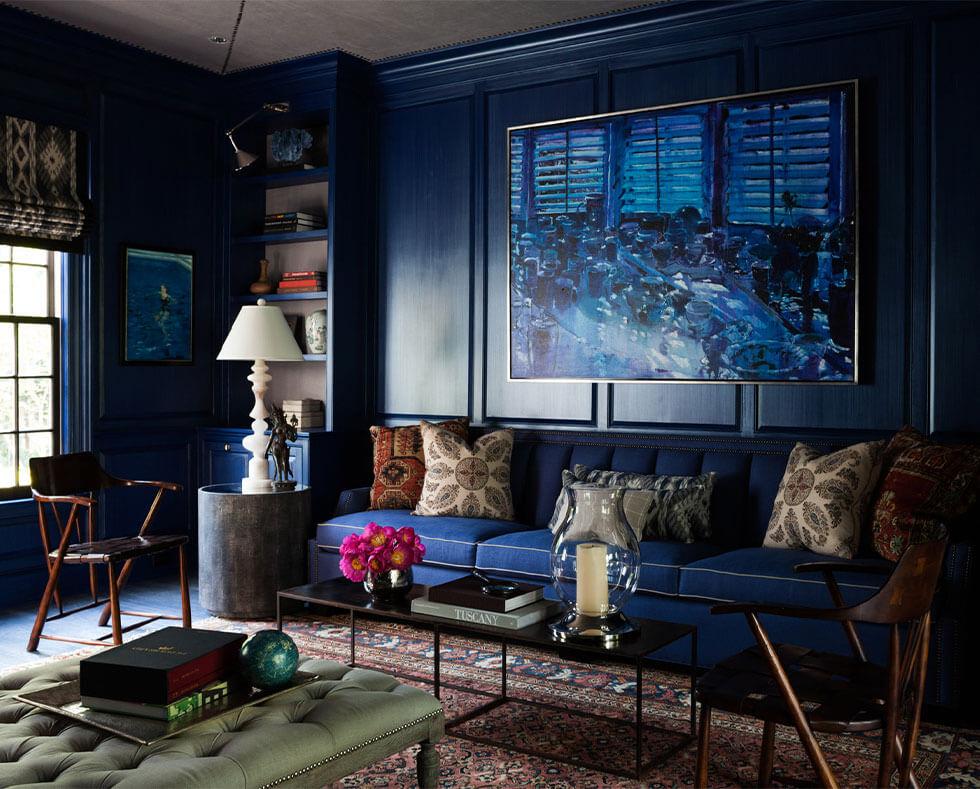 Dark Blue Living Room With Brown Sofa