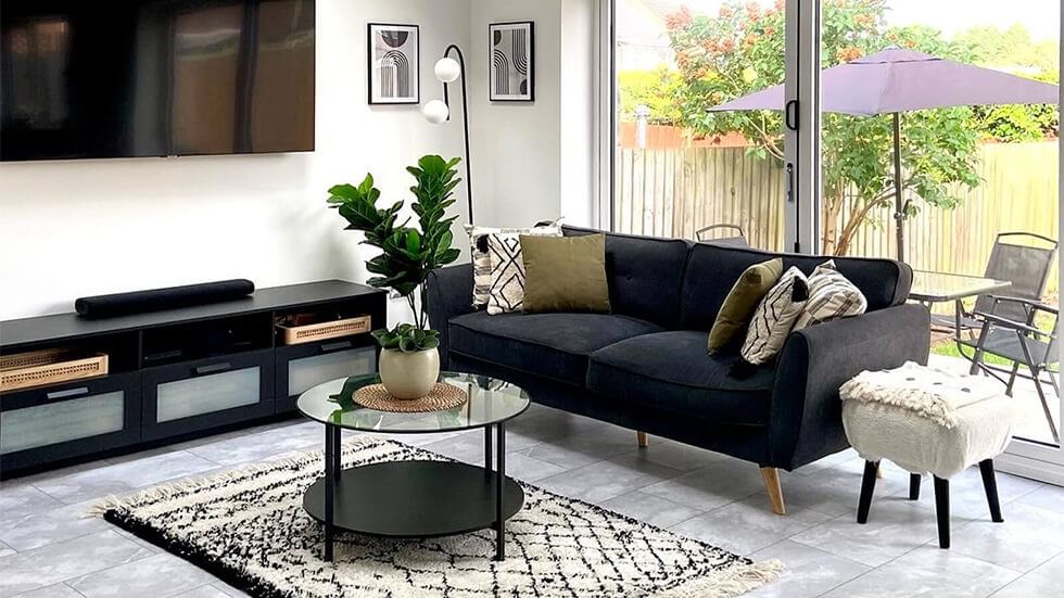 Modern boho living room with prints and textiles