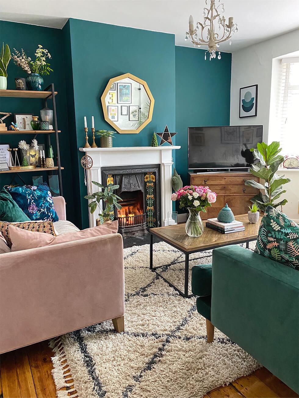 Modern boho living room with bold retro accents