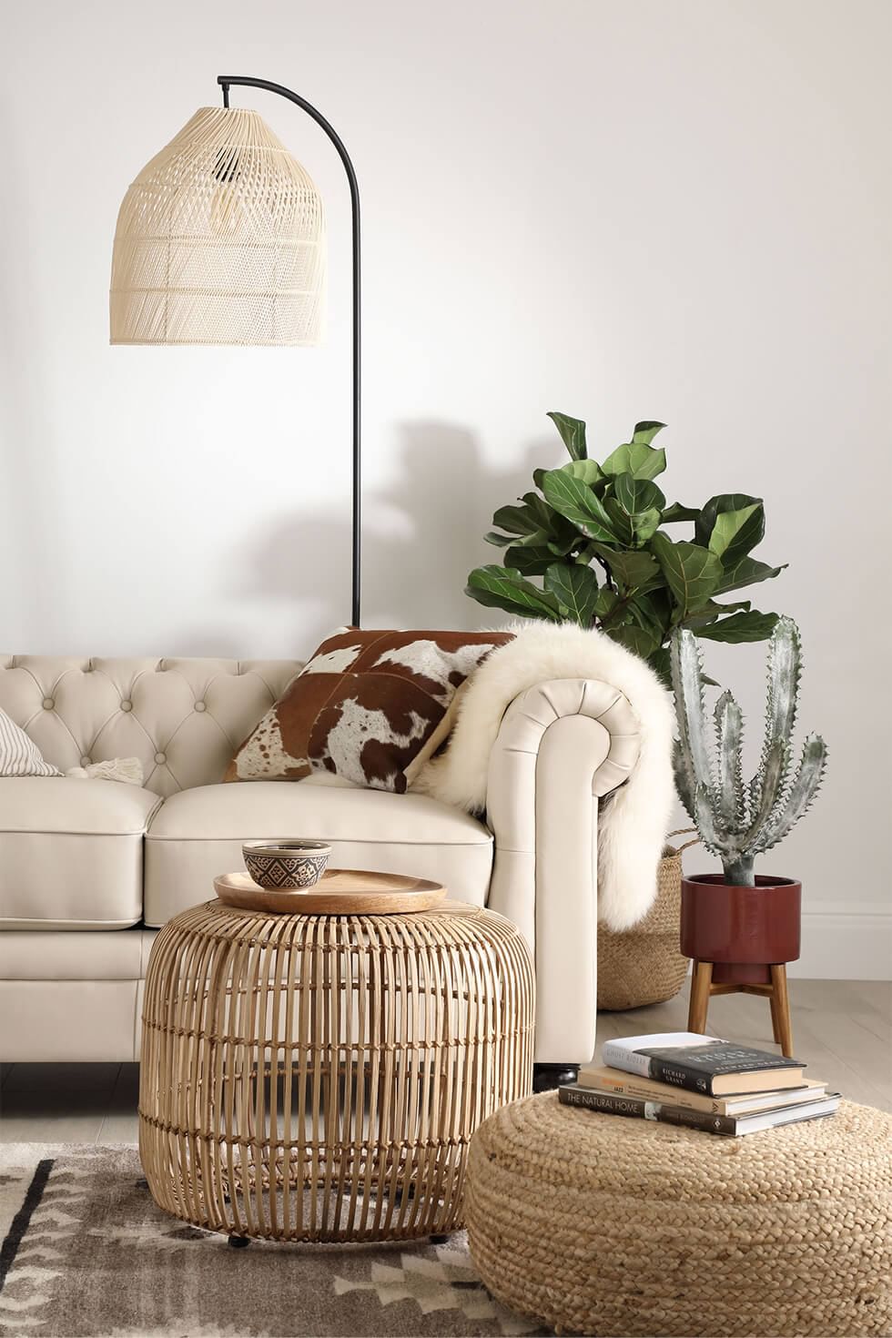 Modern boho living room with soft lighting