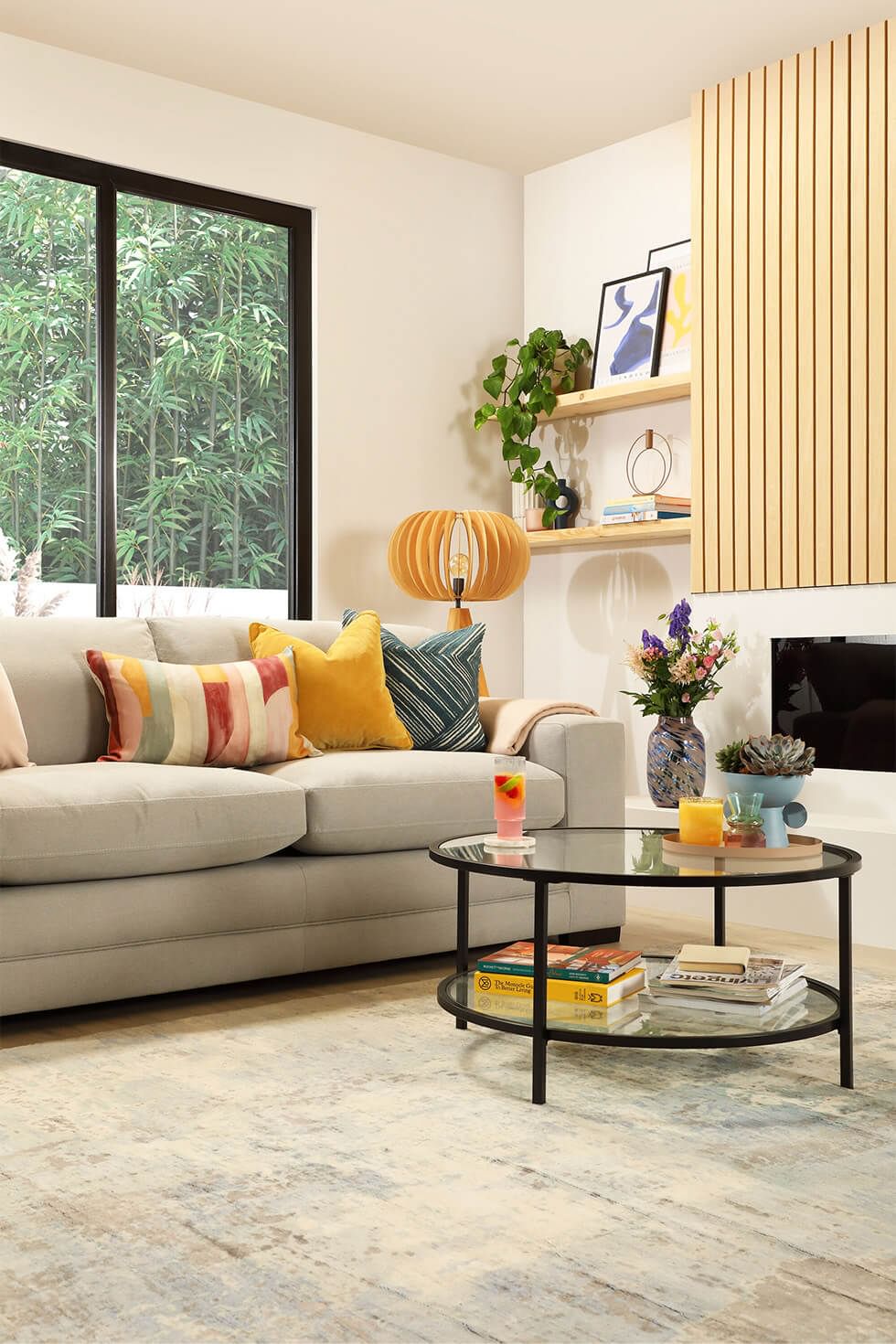 Cream living room with accessories in bright colours