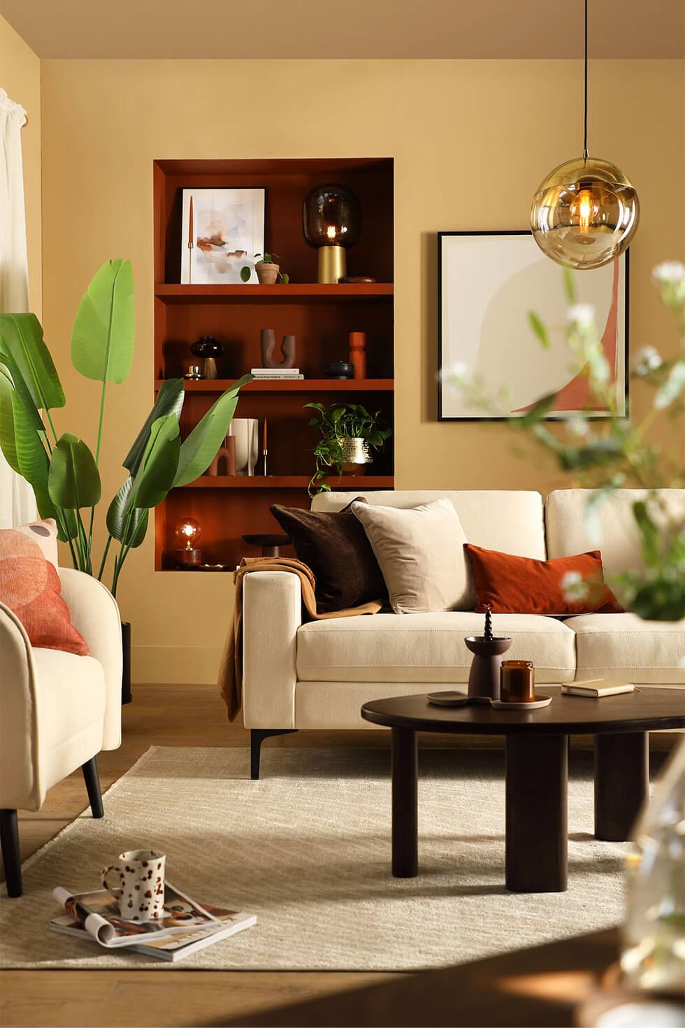 Earthy living room with beige, camel and dark brown accents