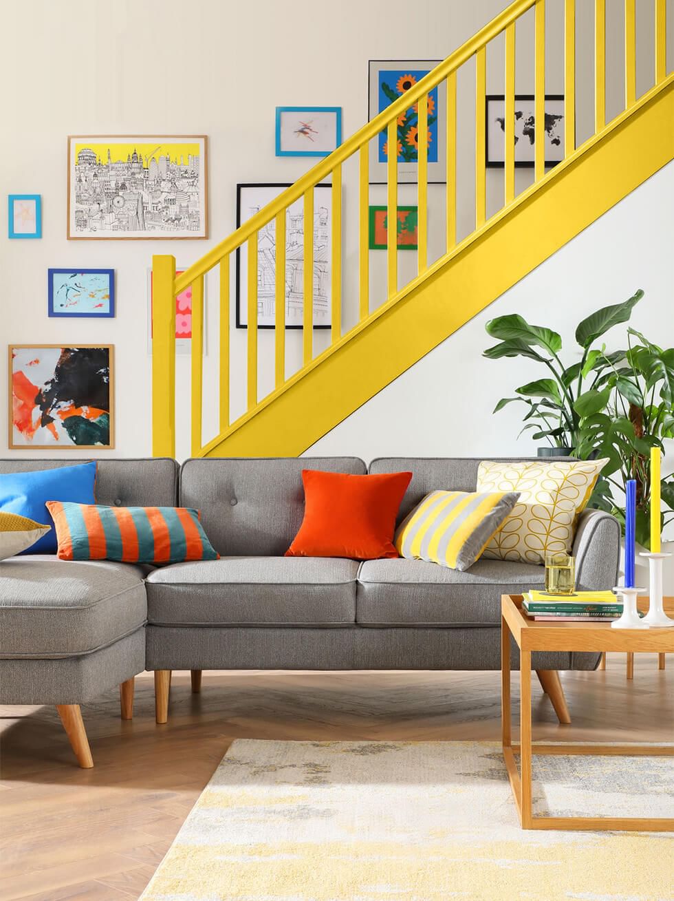 Earthy living room with sunshine yellow touches