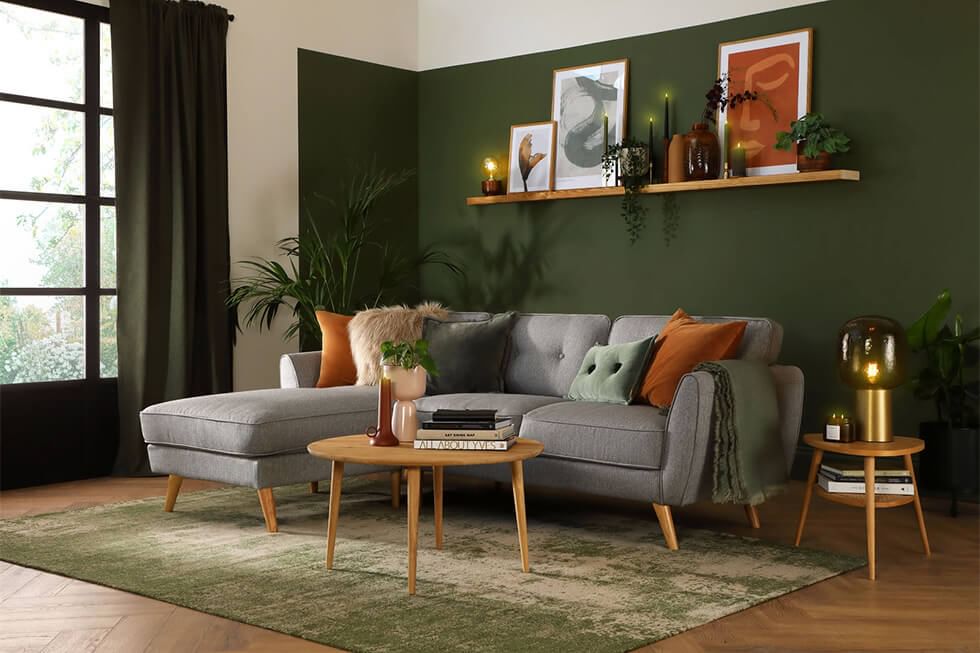 Contemporary green living room with a lot of wood accents