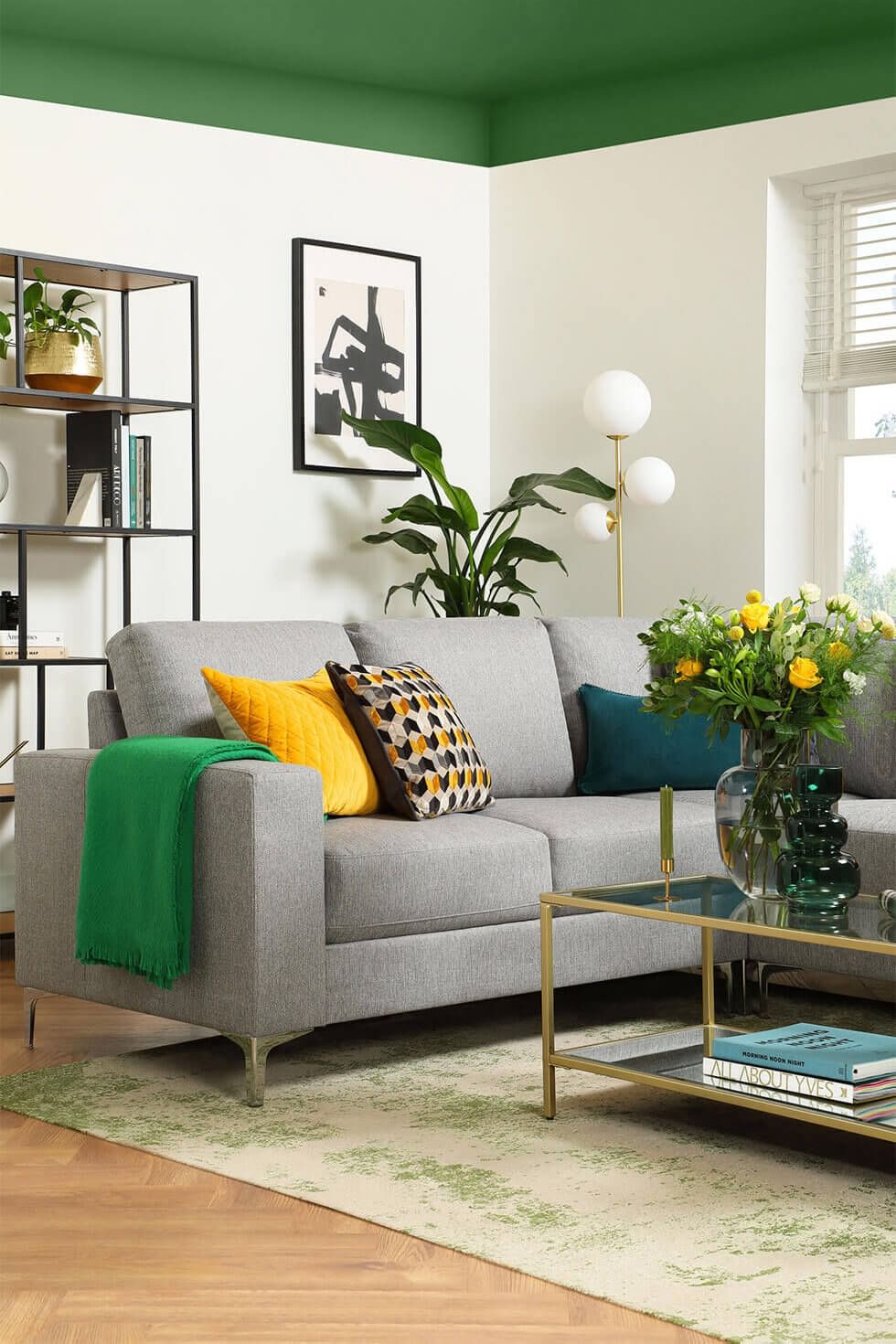 Contemporary living room with painted ceiling in green