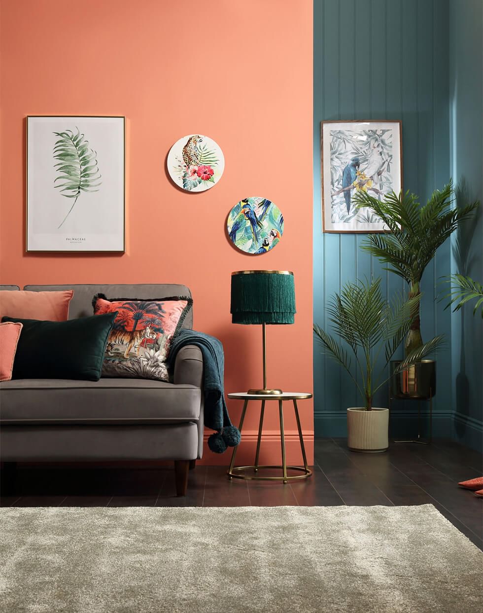 Living room with coral and teal colour blocking