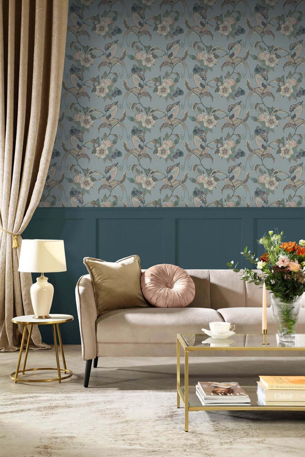 Maximalist living room with bold wallpaper and wall panelling