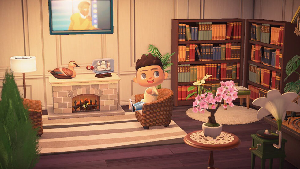 4 Interior Design Tips That You Can Use In Animal Crossing   04 Animal Crossing Living Room With Book Shelves And Fireplace 