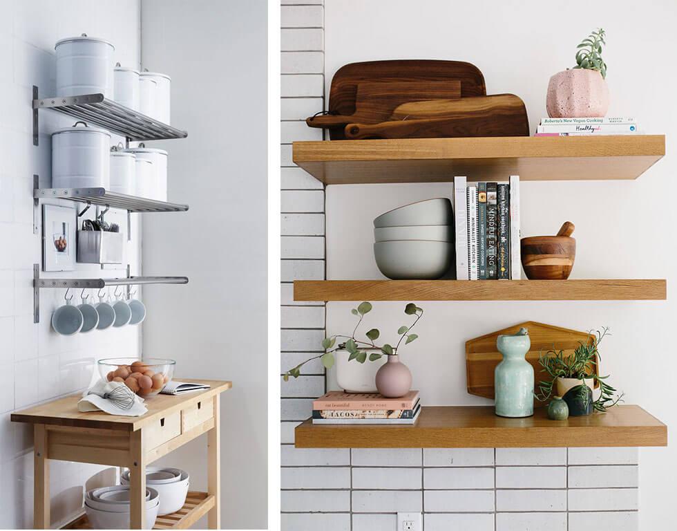 Metal and wooden floating shelves in a kitchen.