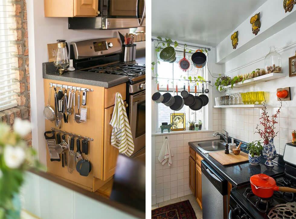 Cooking utensils and pots hanging off hooks in a kitchen.