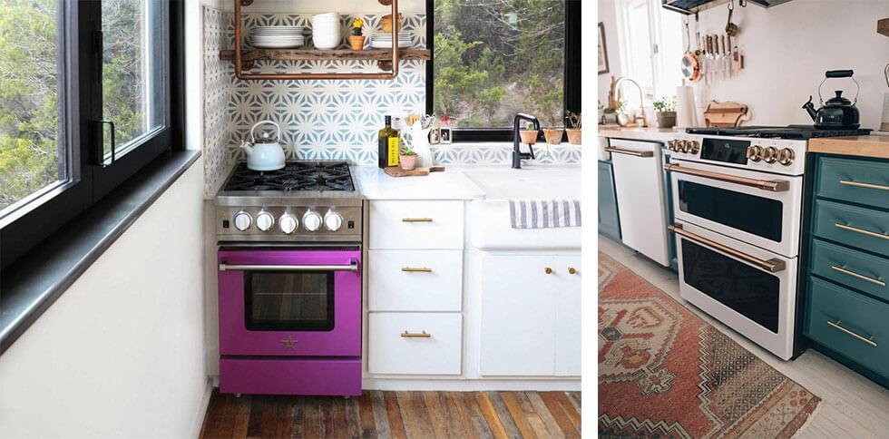 Small purple oven in a kitchen.