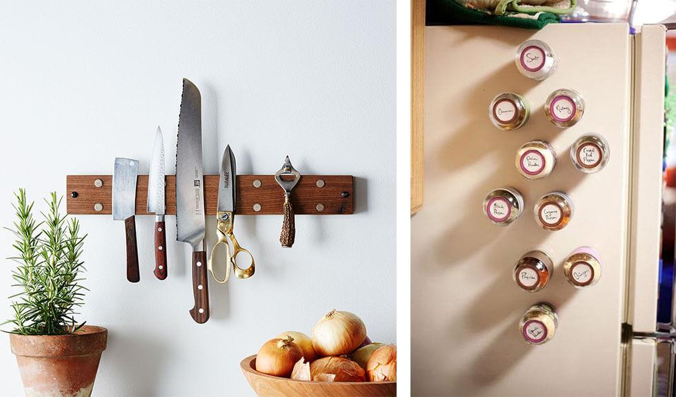 Knives in a row on a magnetic strip and spice jars with magnetic covers stuck to a refrigerator.