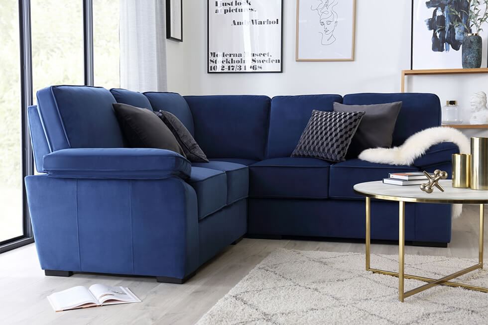 Living room with blue corner sofa