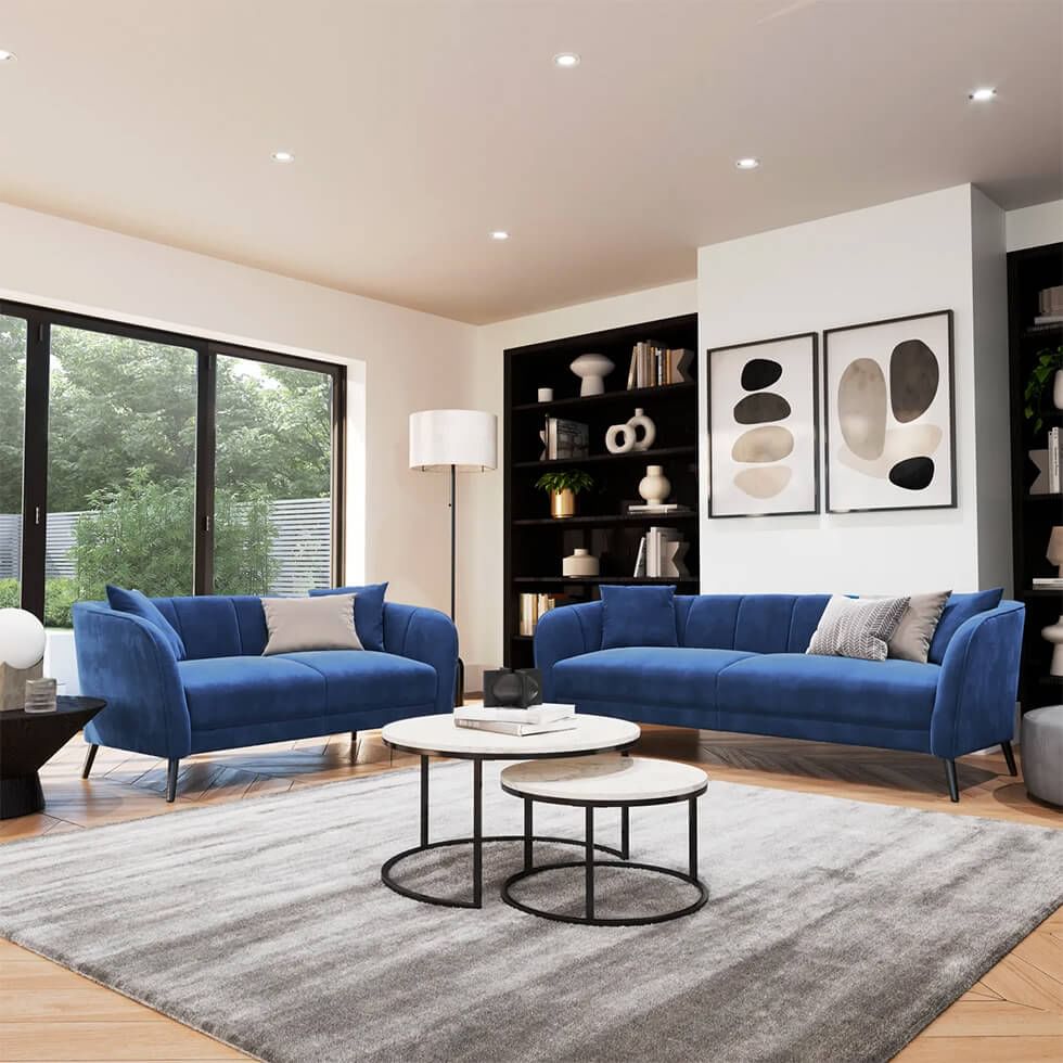 Blue sofa living room with artwork