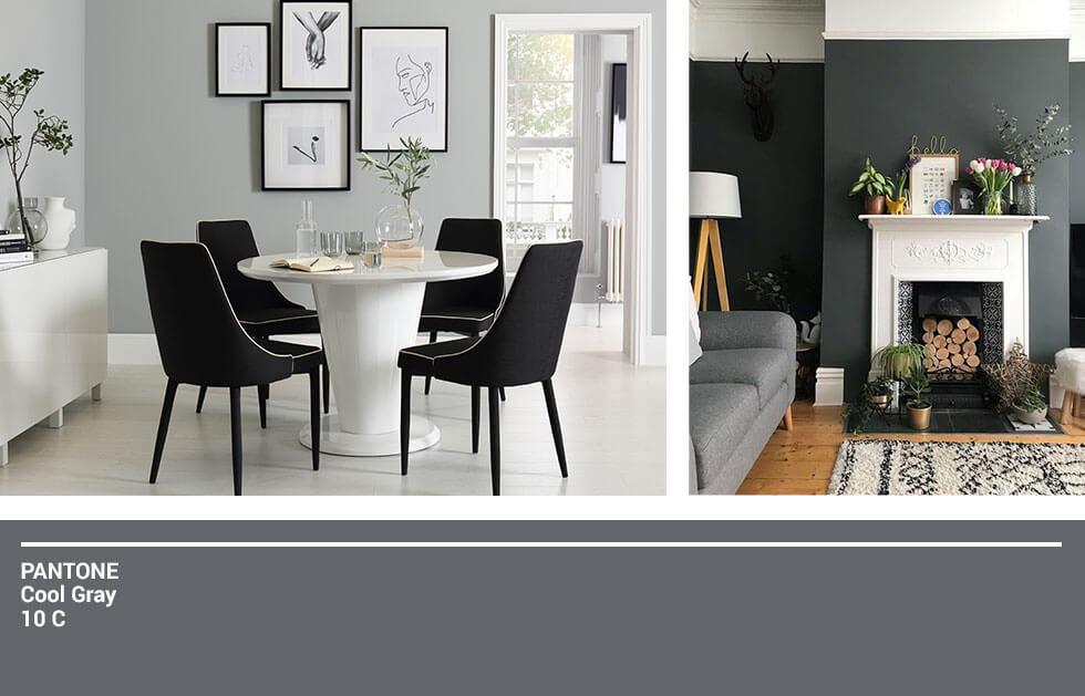 Black and white themed living room and dining room.