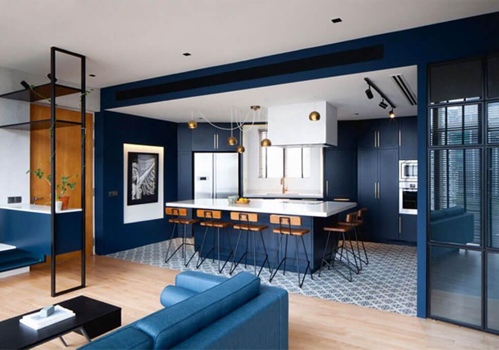 blue kitchen and living room