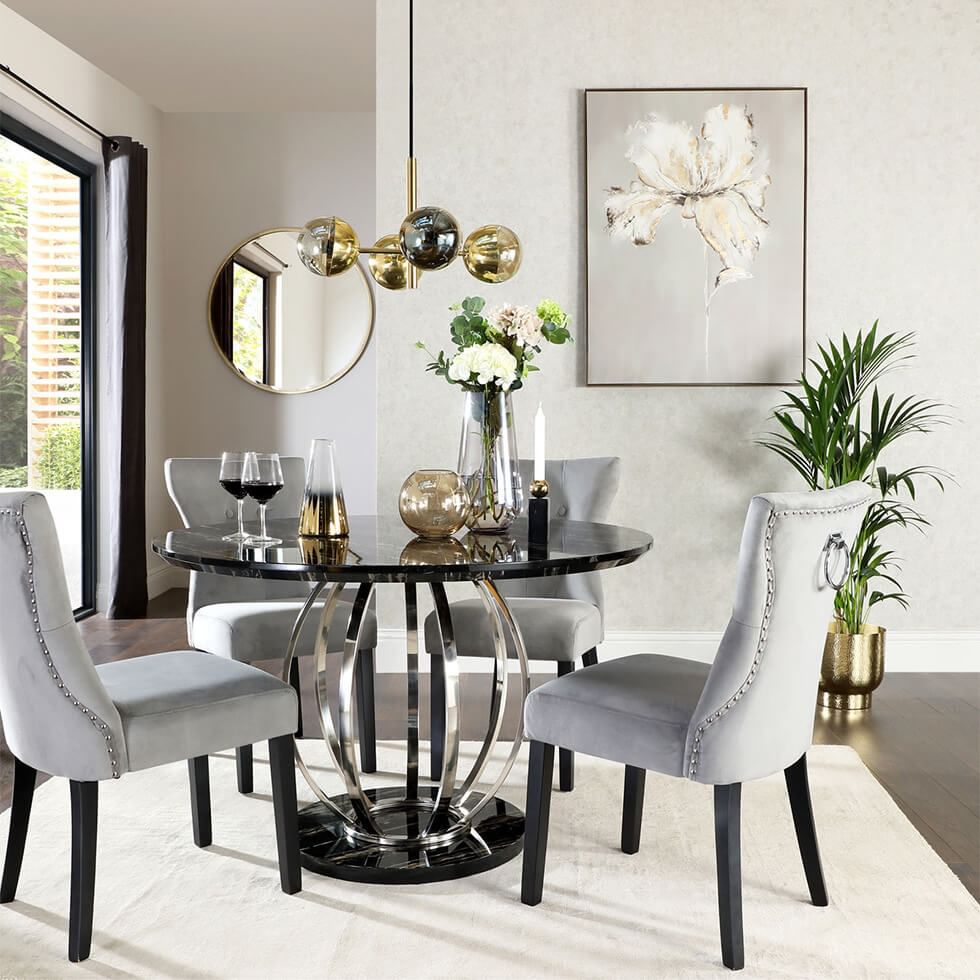 Dining room with metallic accents to brighten up the room