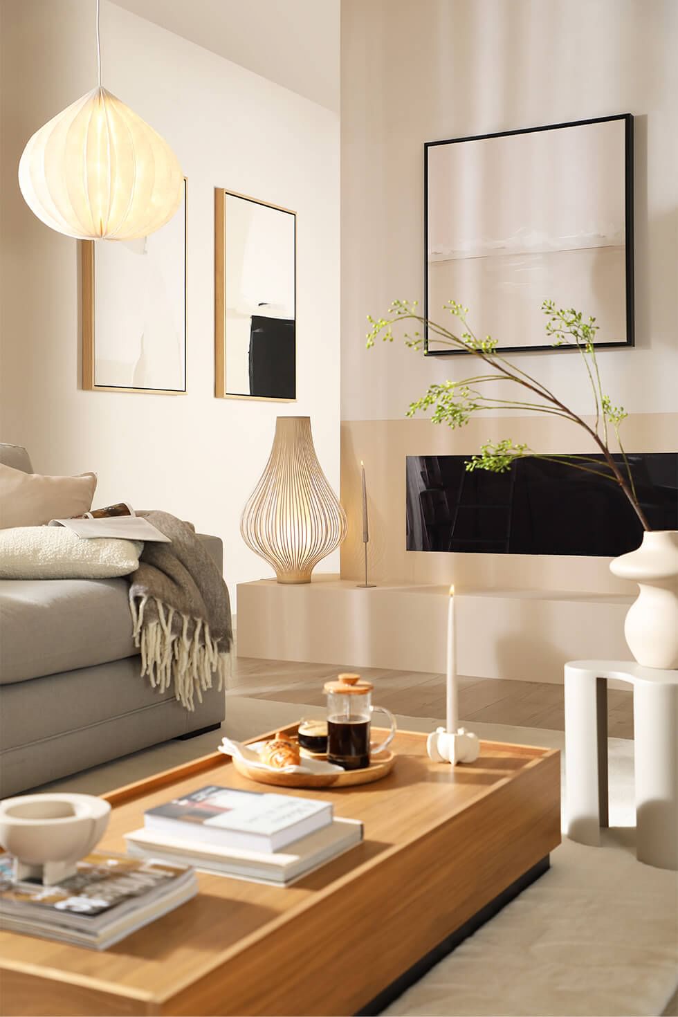 A neutral minimalist living room