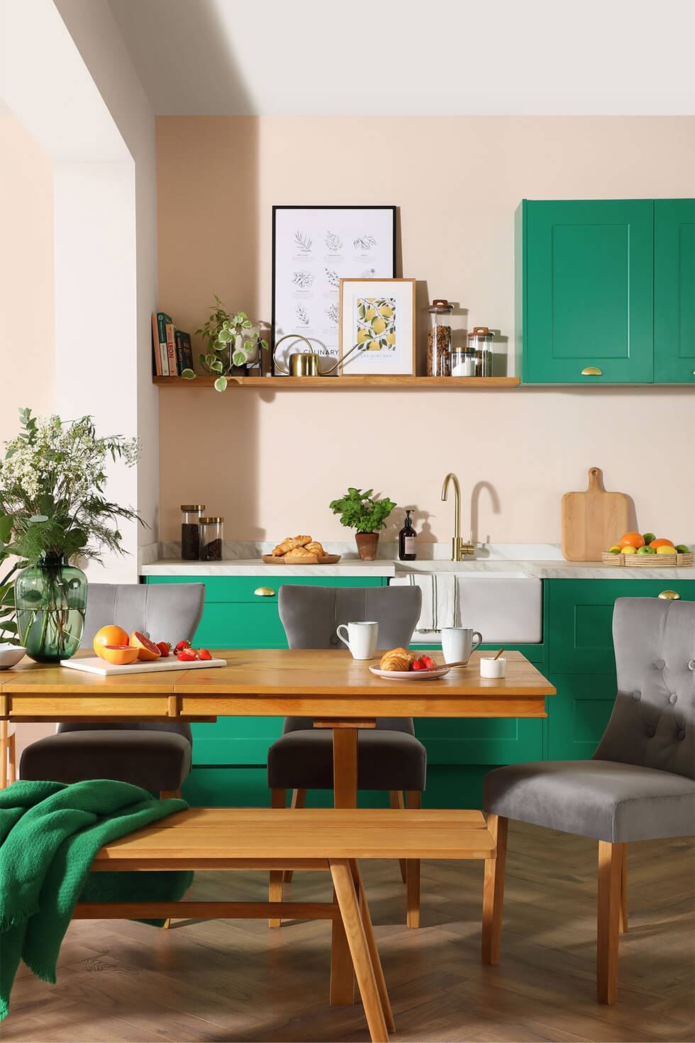 Charming open plan kitchen with rustic wooden dining set