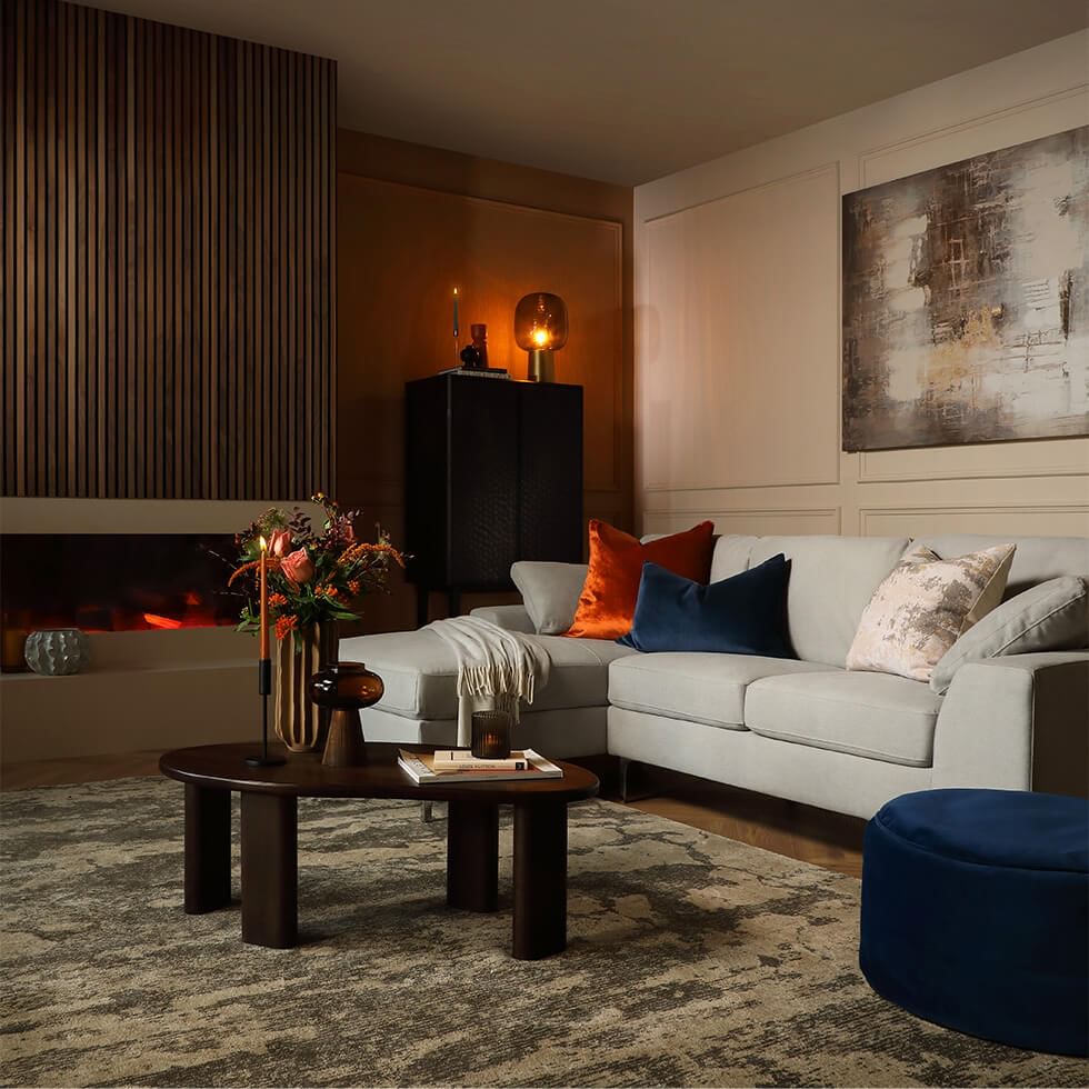 Mid-century modern living room with dark wood wall panelling