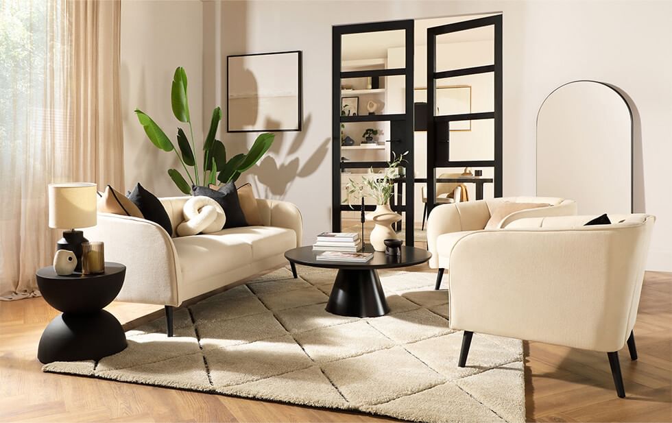 Mid-century modern living room in a soft neutral palette
