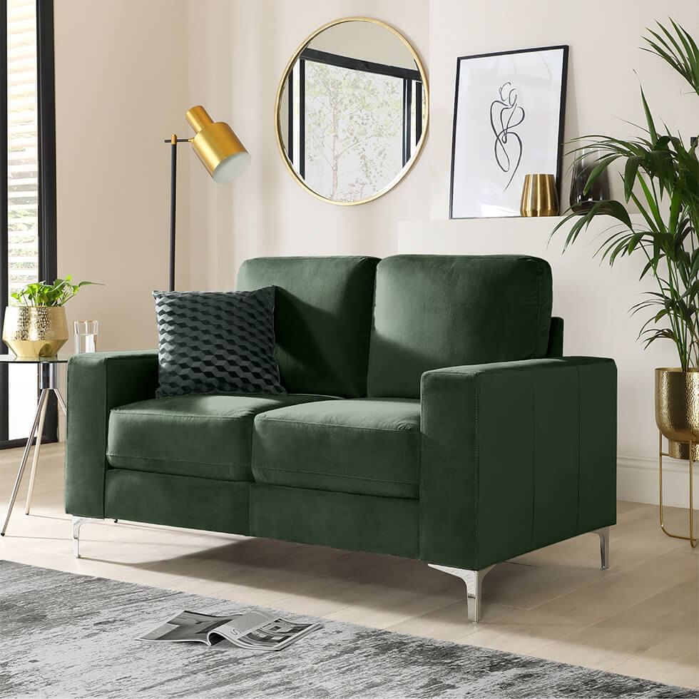 Glamorous mid-century modern living room with a velvet sofa