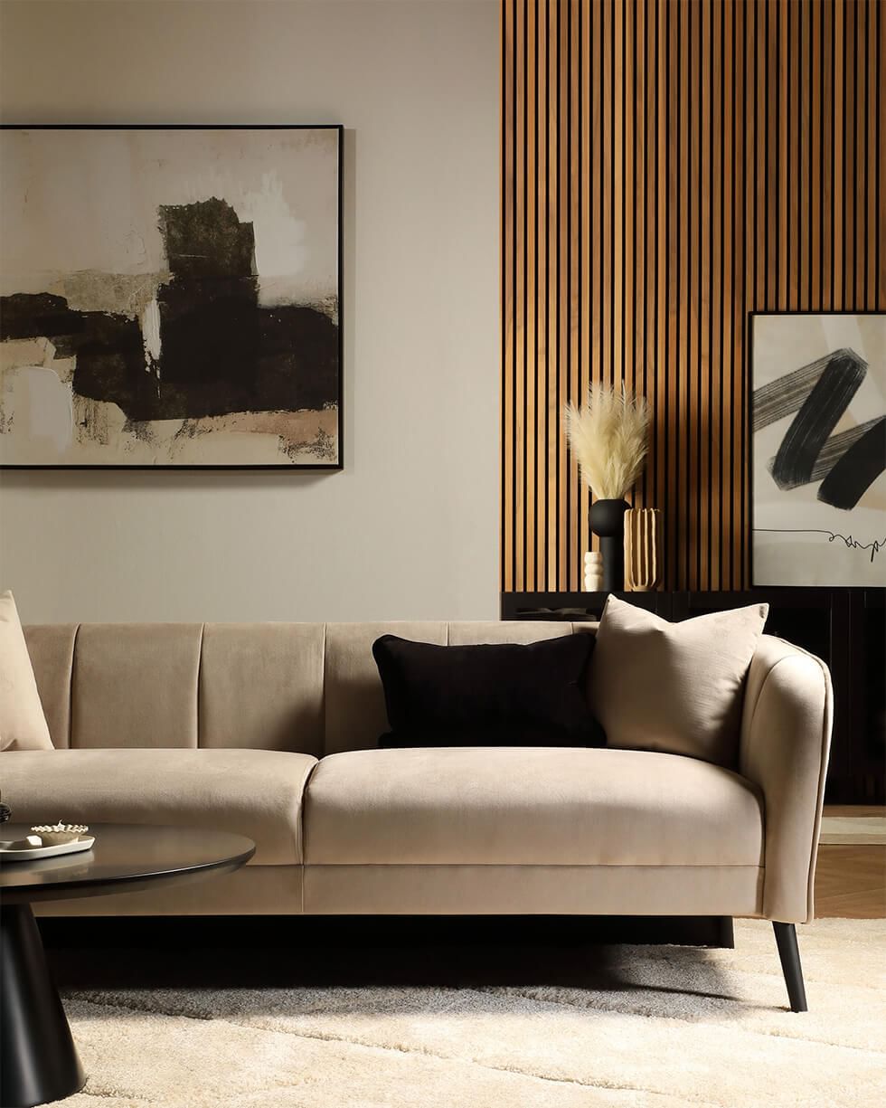Mid-century modern living room with wall panelling on one section of the wall