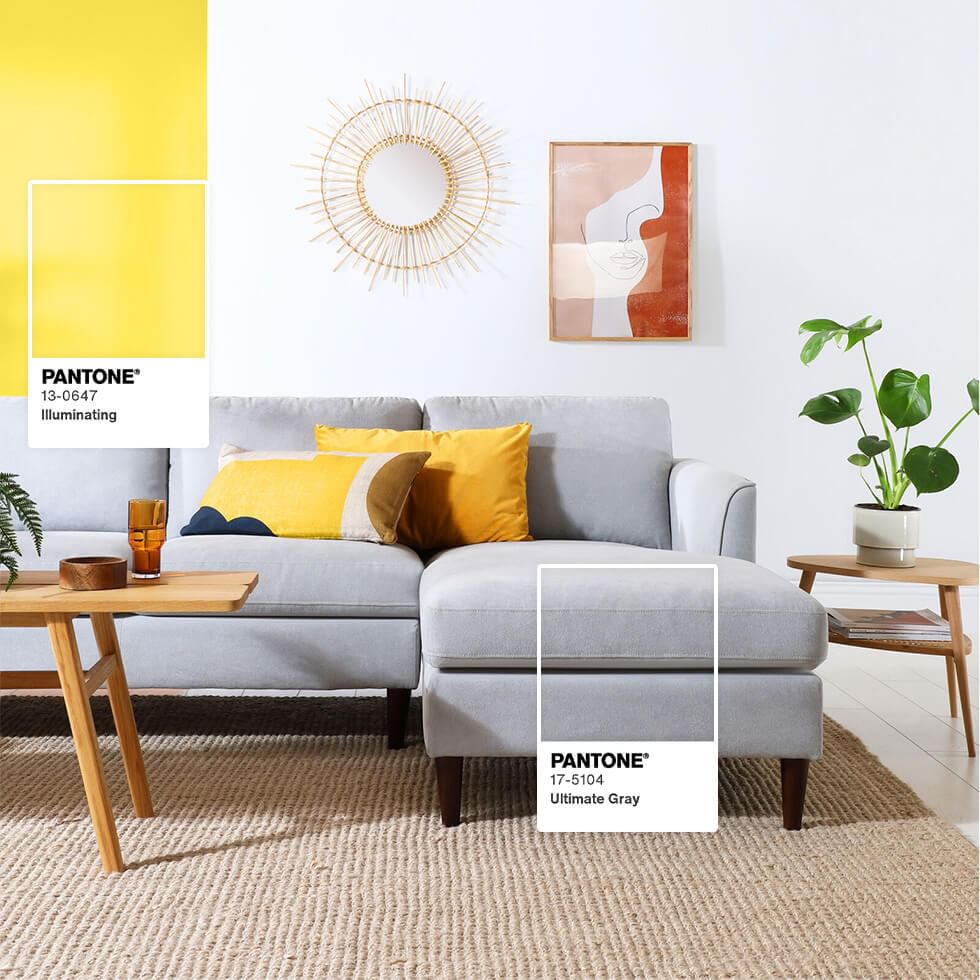 Living room in Pantone Colour of the Year Ultimate Grey and Illuminating yellow palette