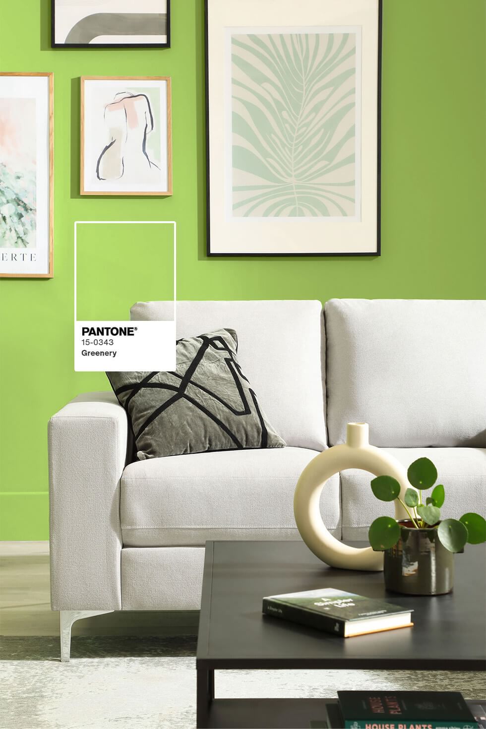 Green living room with Pantone Colour of the Year Greenery shade