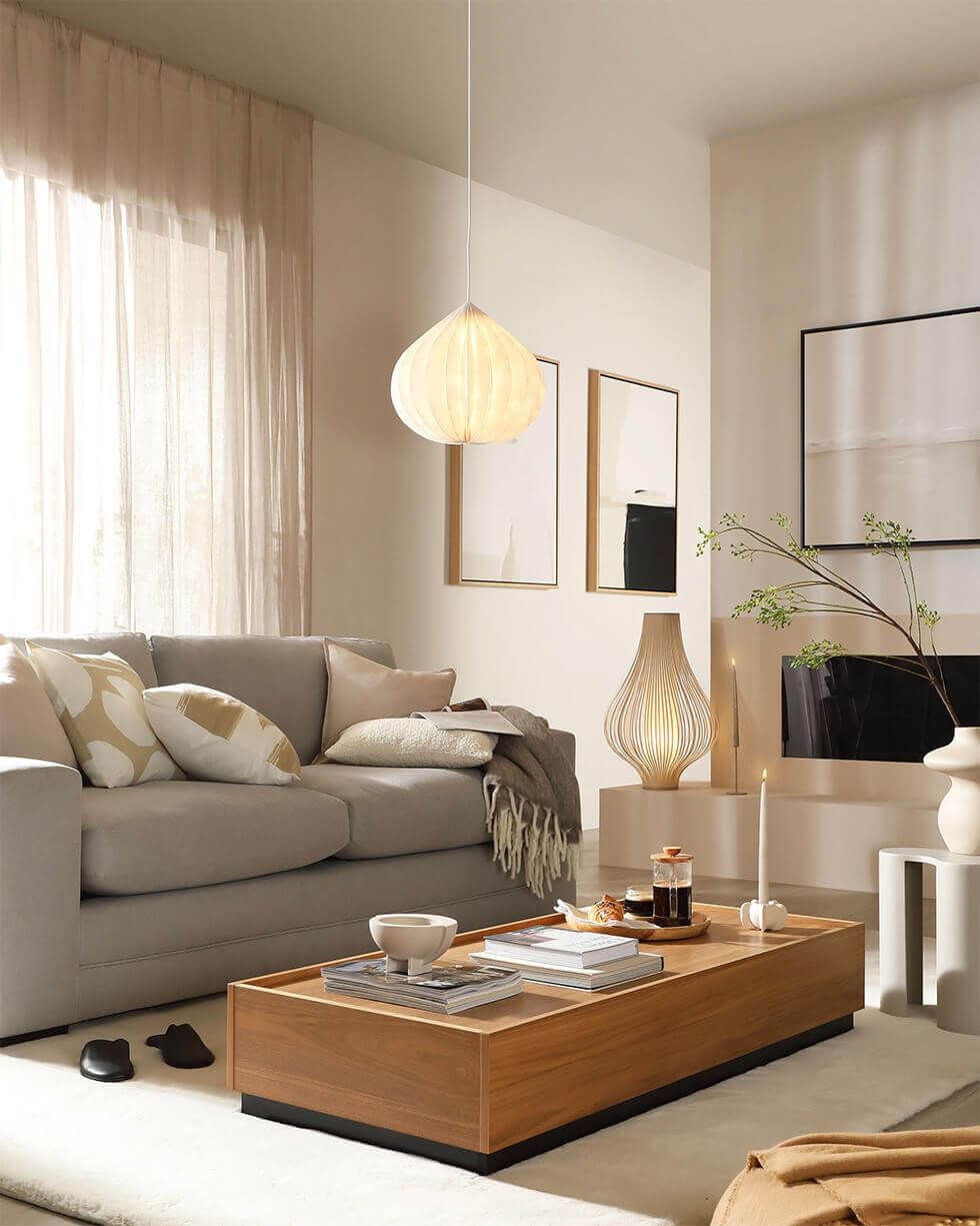 Japandi living room that has been decluttered and minimalist in style