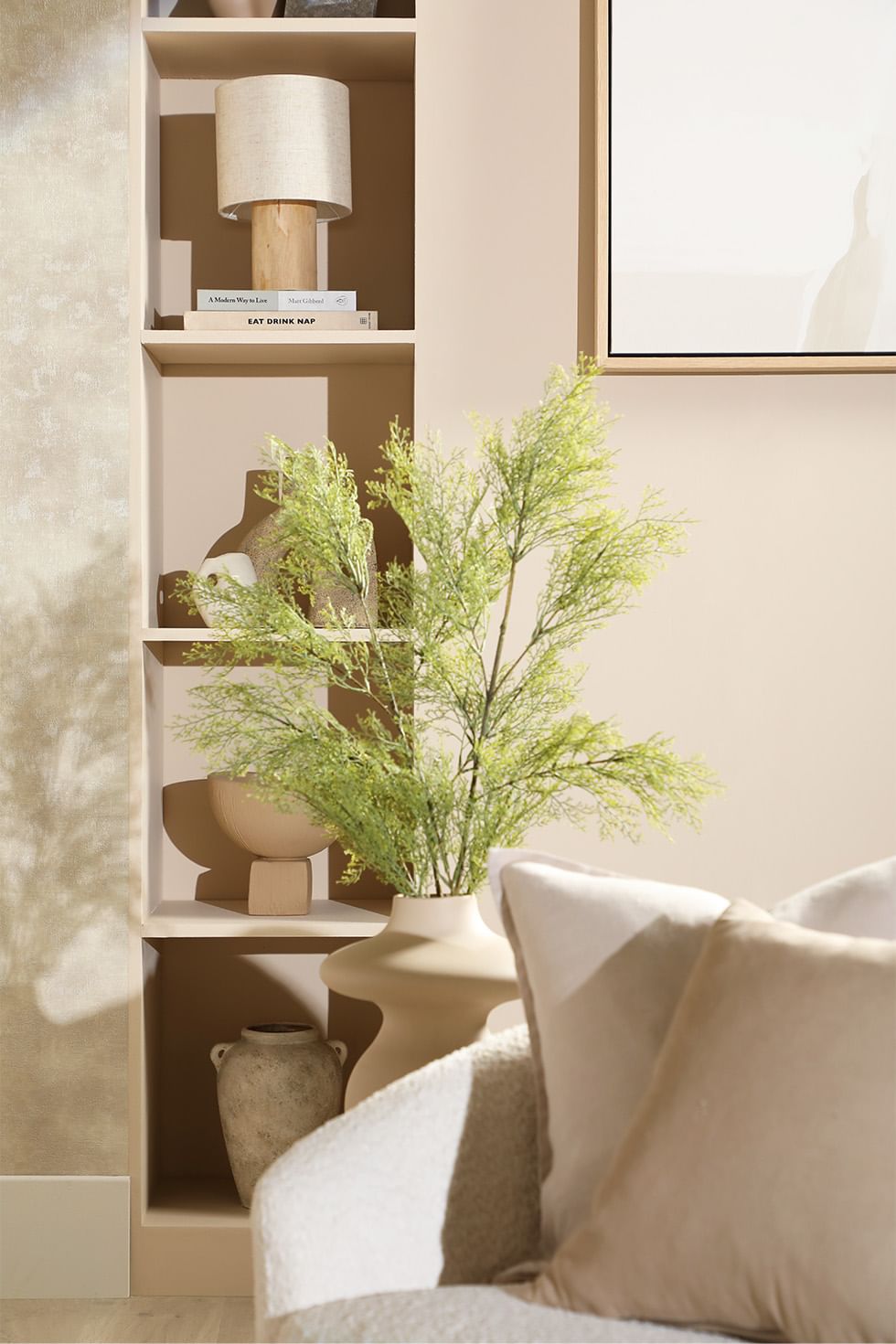 Japandi living room with indoor plants